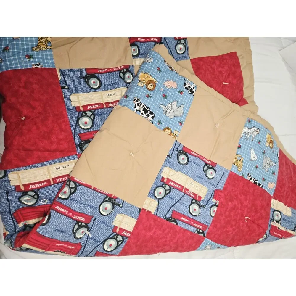 Vtg Handmade Nostalgic Radio Flyer Red Wabon Quilted Cotton Blanquet Comforter